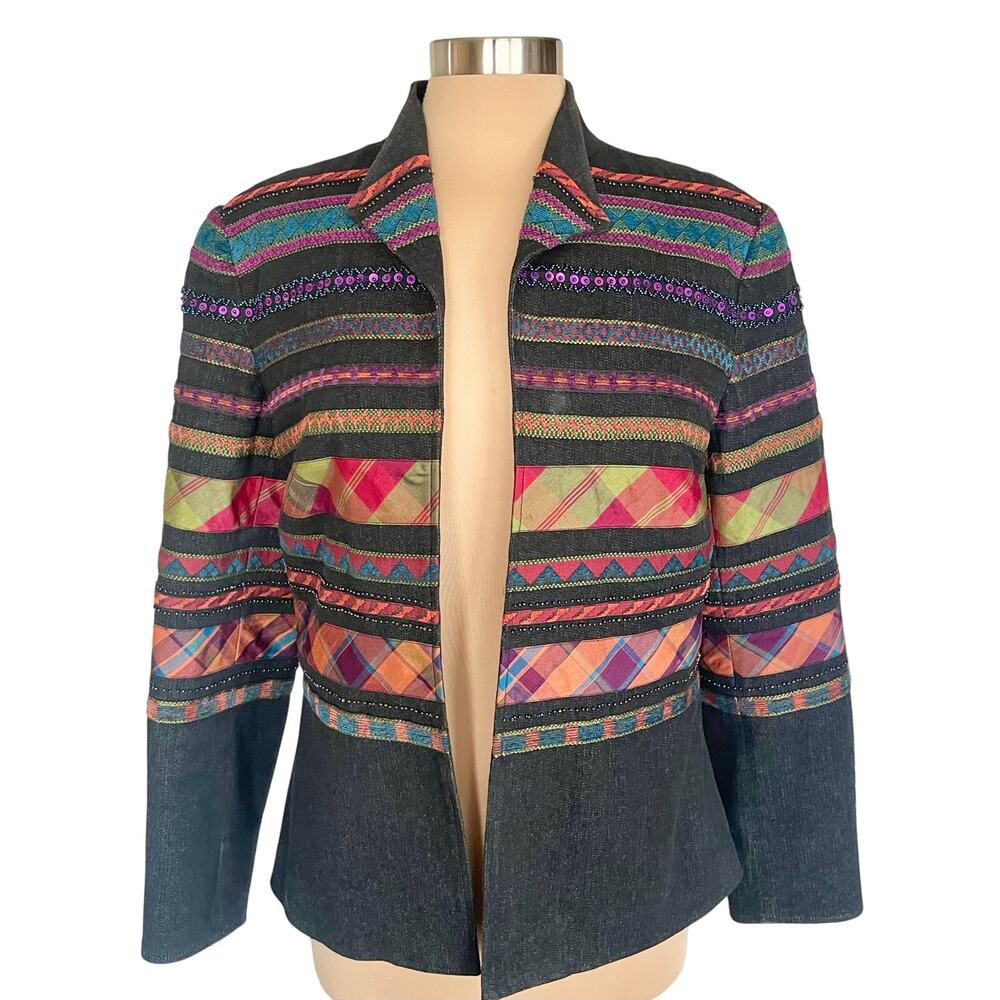 Coldwater Creek Open Front Cotton‎ Blazer Geometric Stripes Beads Sequins Sz 12